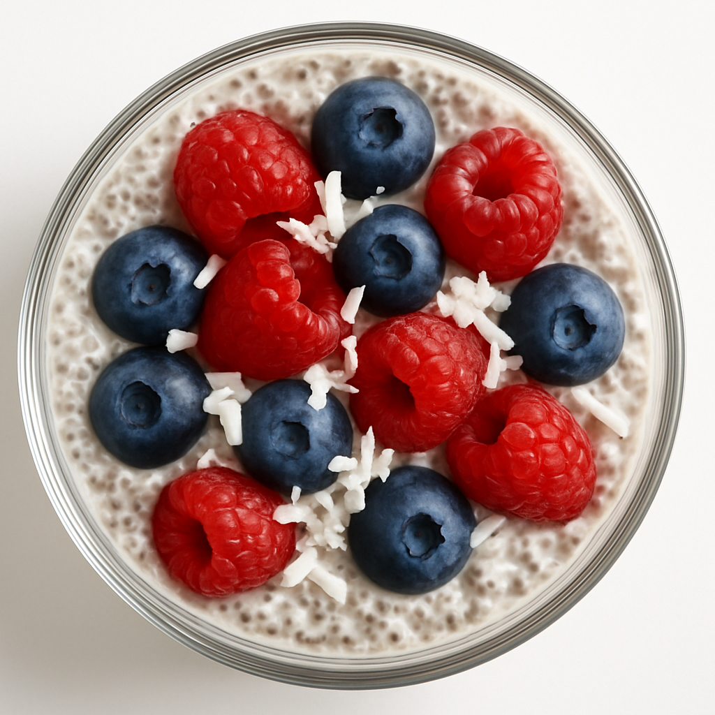 chia seed pudding blue berry raspberry and coconut flakes