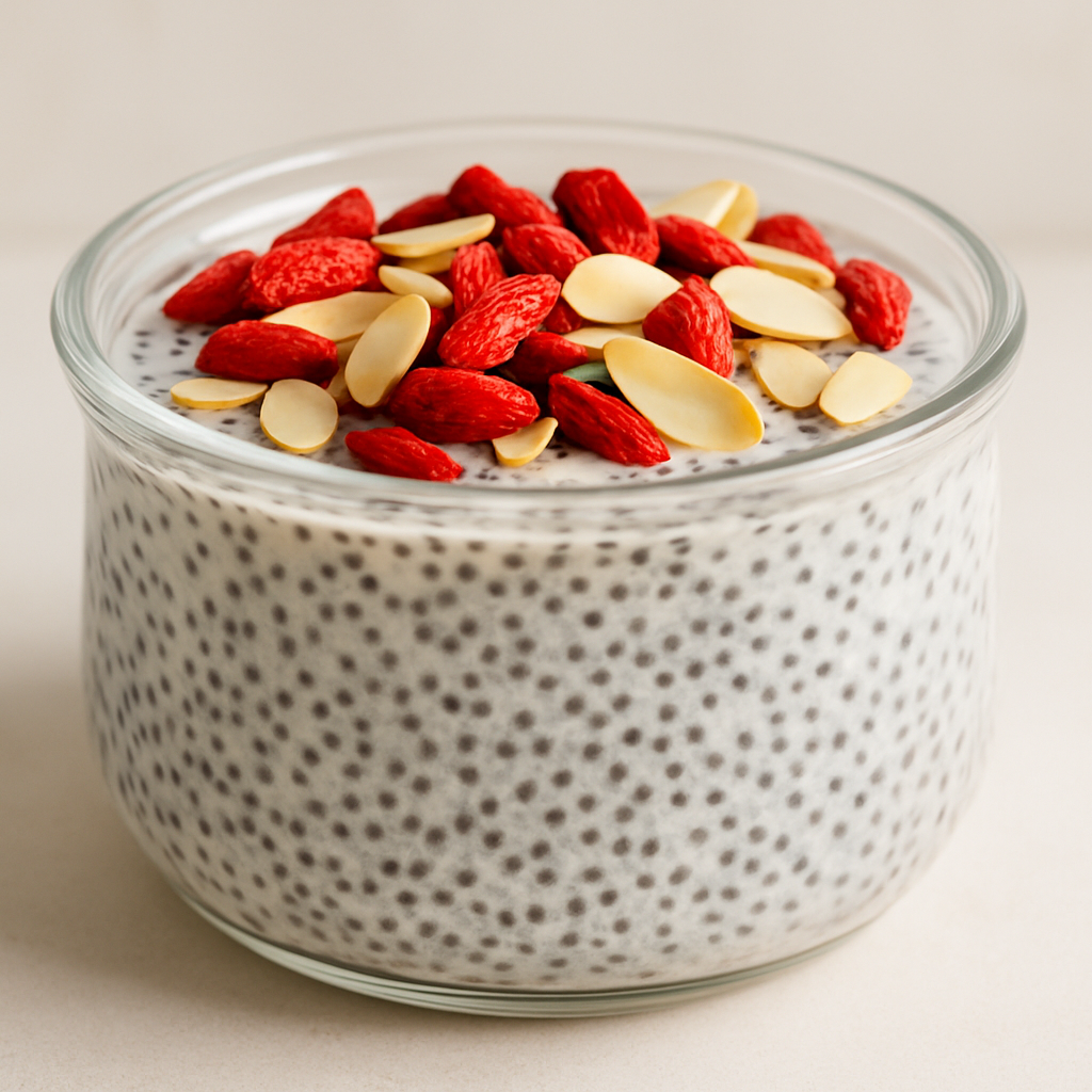 chia seed pudding goji berries and almond topping